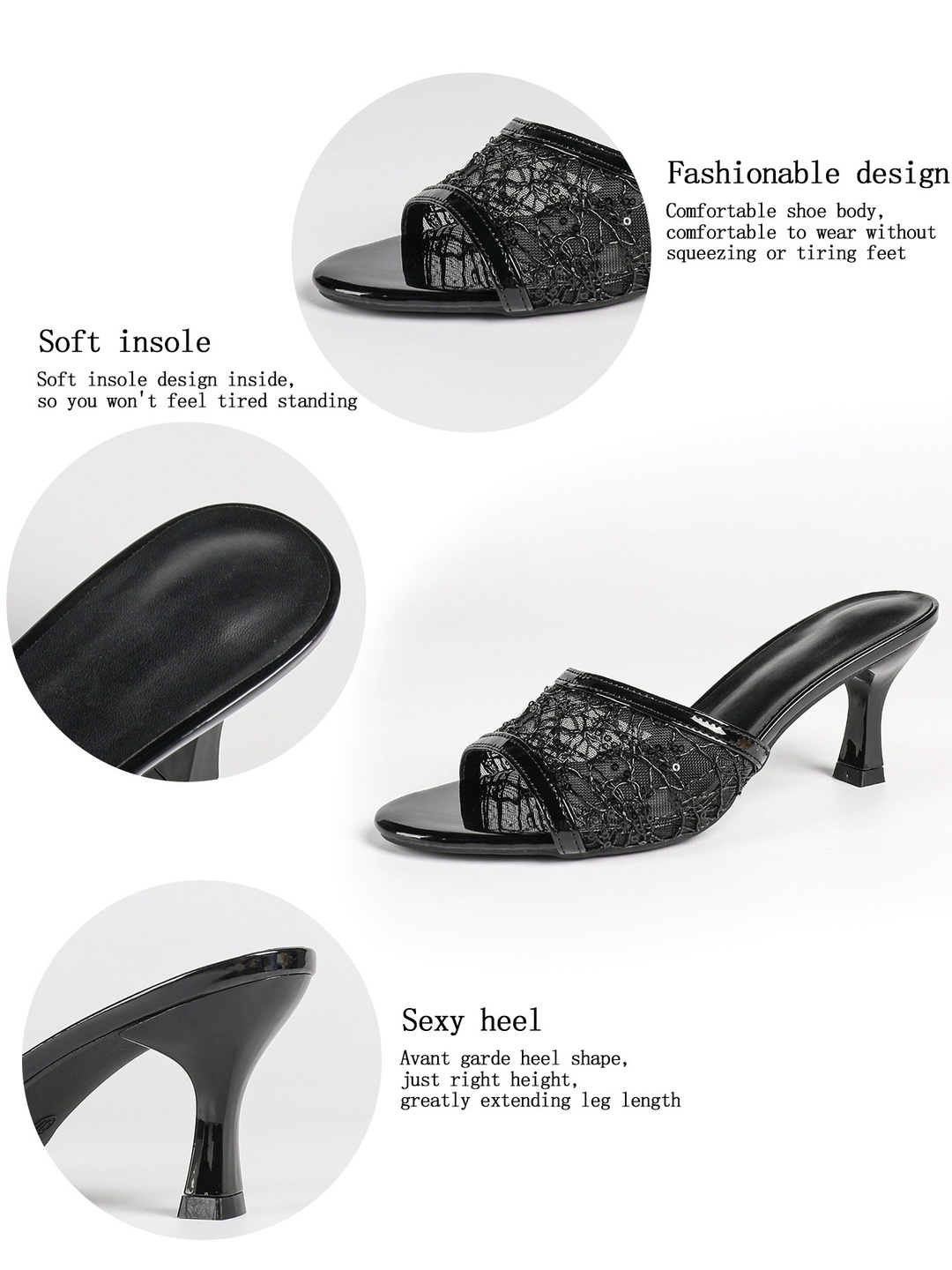 Black Mesh Kitten Heel Mules