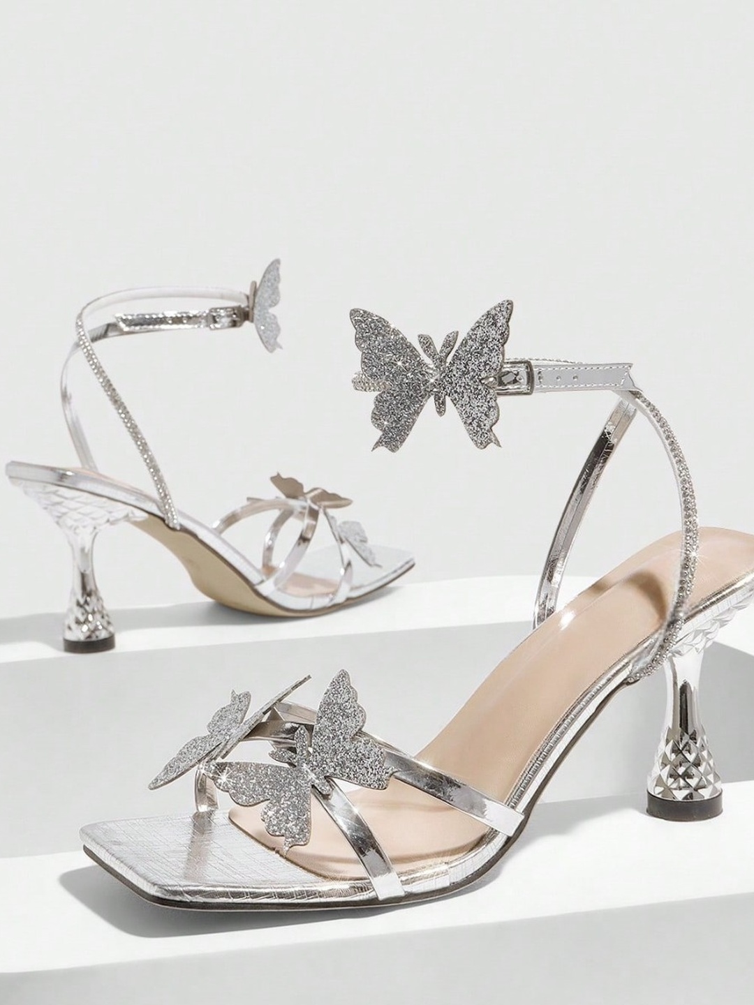 Silver Butterfly Embellished Mid-Heel Sandals