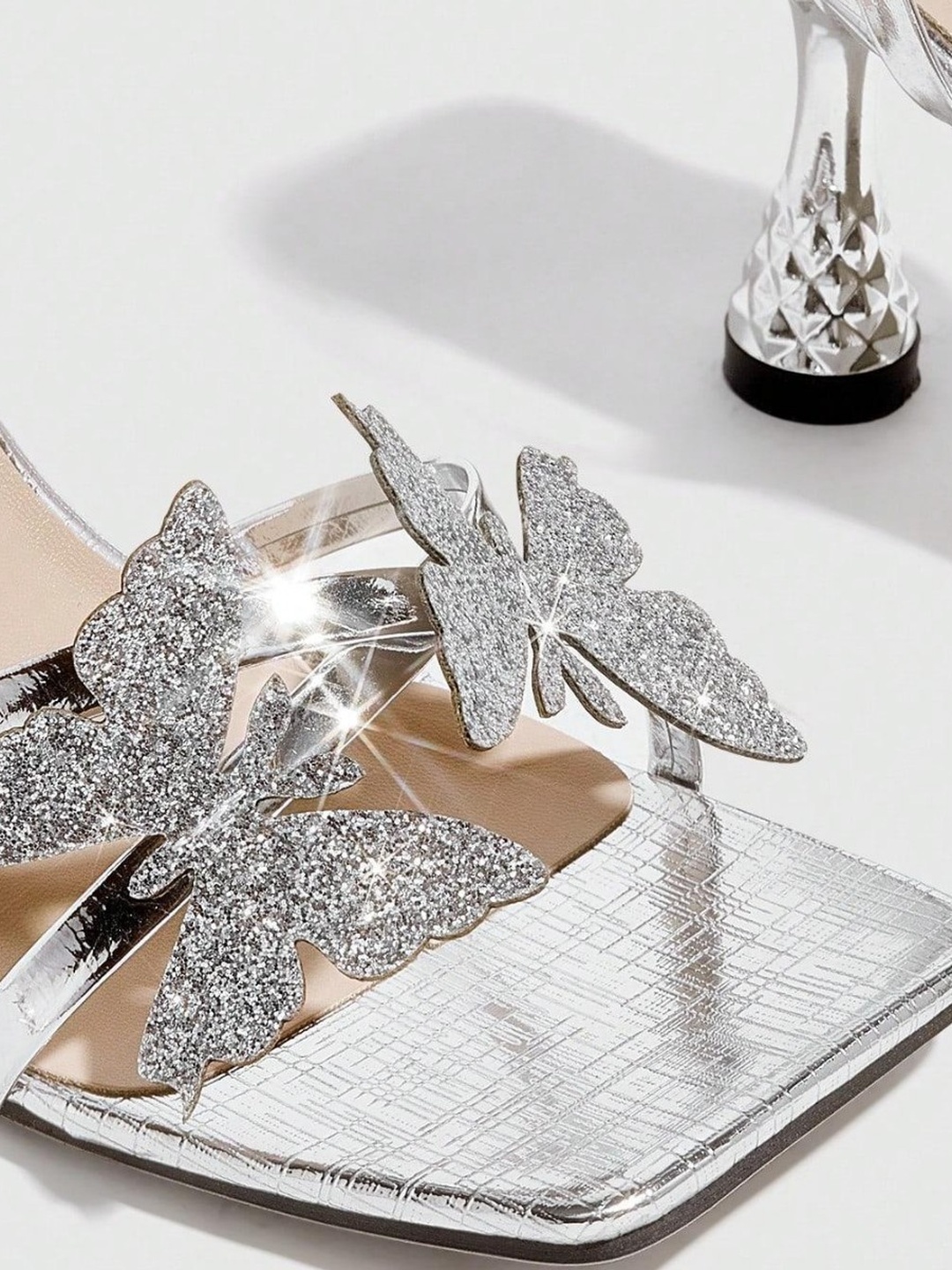 Silver Butterfly Embellished Mid-Heel Sandals