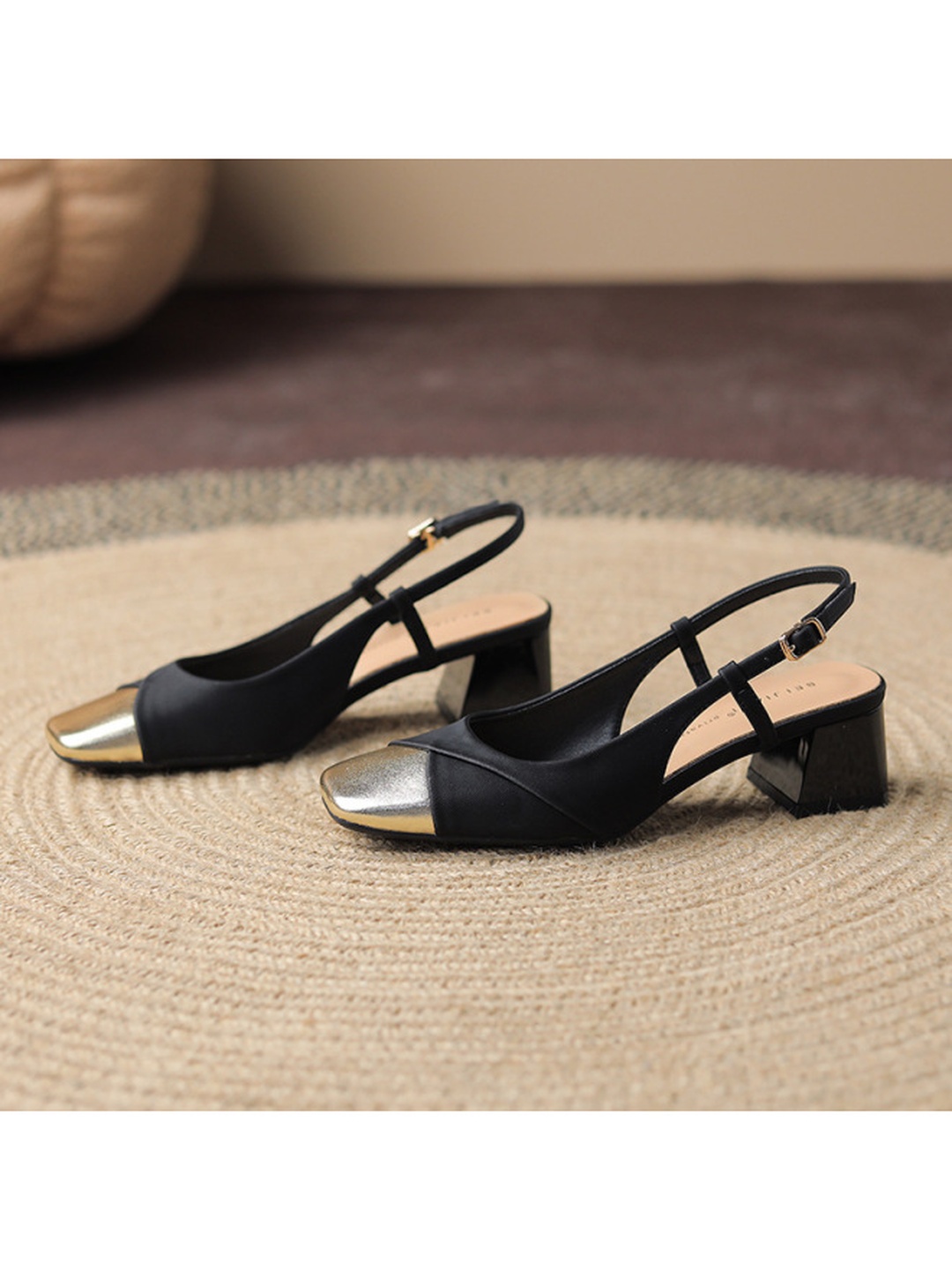 Black and Gold Slingback Block Heel Sandals for Women