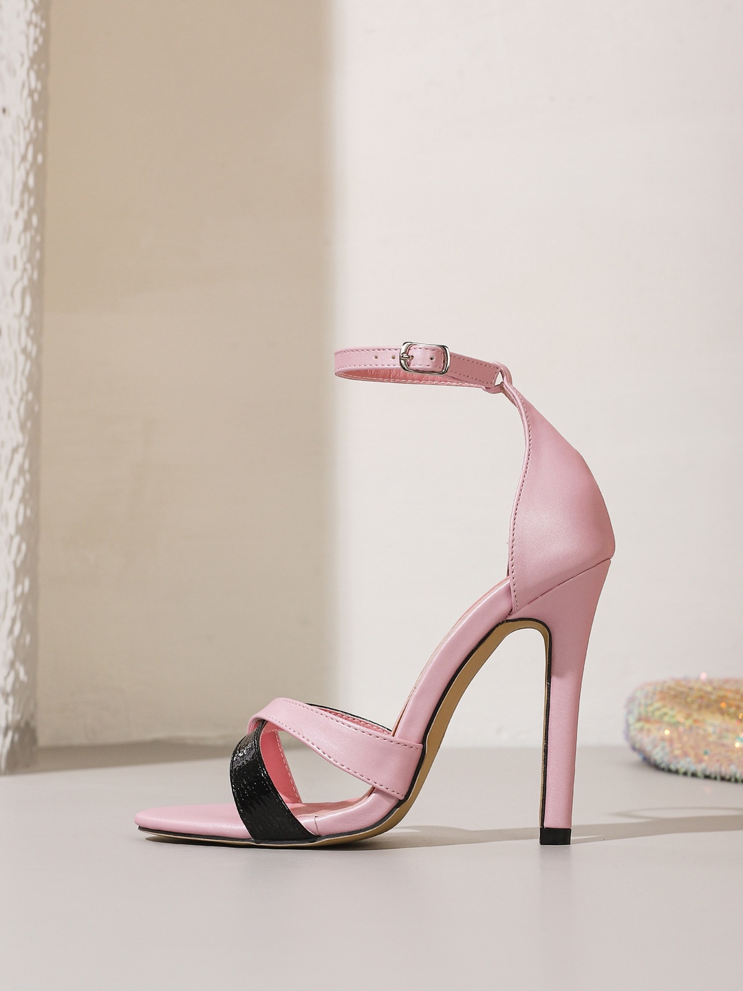 Pink and Black High Heel Sandals with Ankle Strap