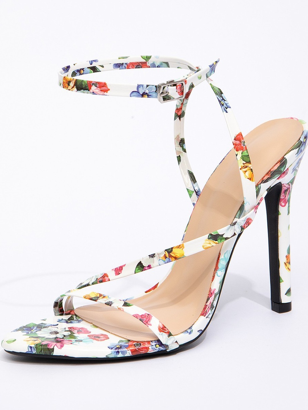 Floral Open Toe Stiletto Sandals with Ankle Strap