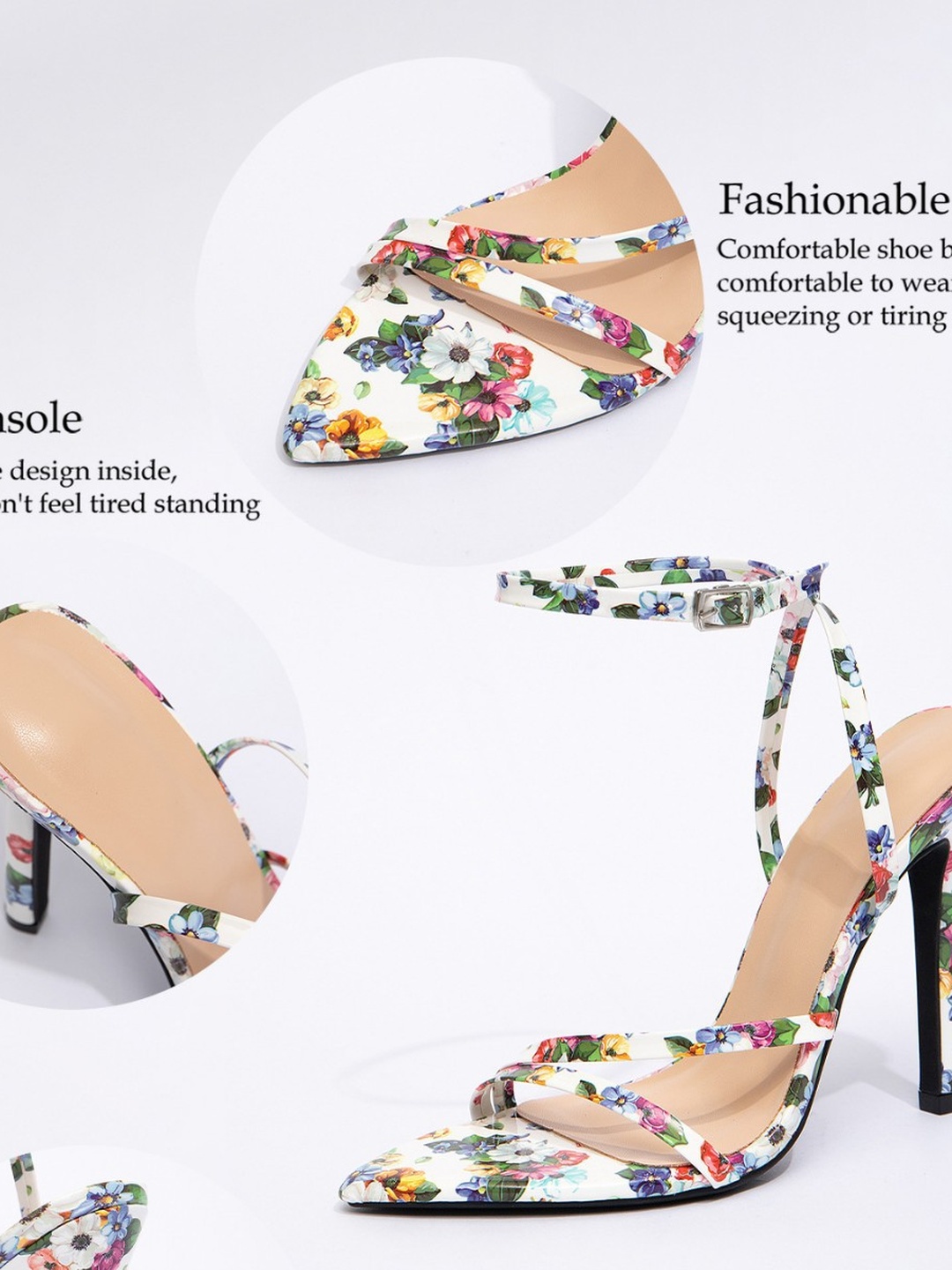 Floral Open Toe Stiletto Sandals with Ankle Strap