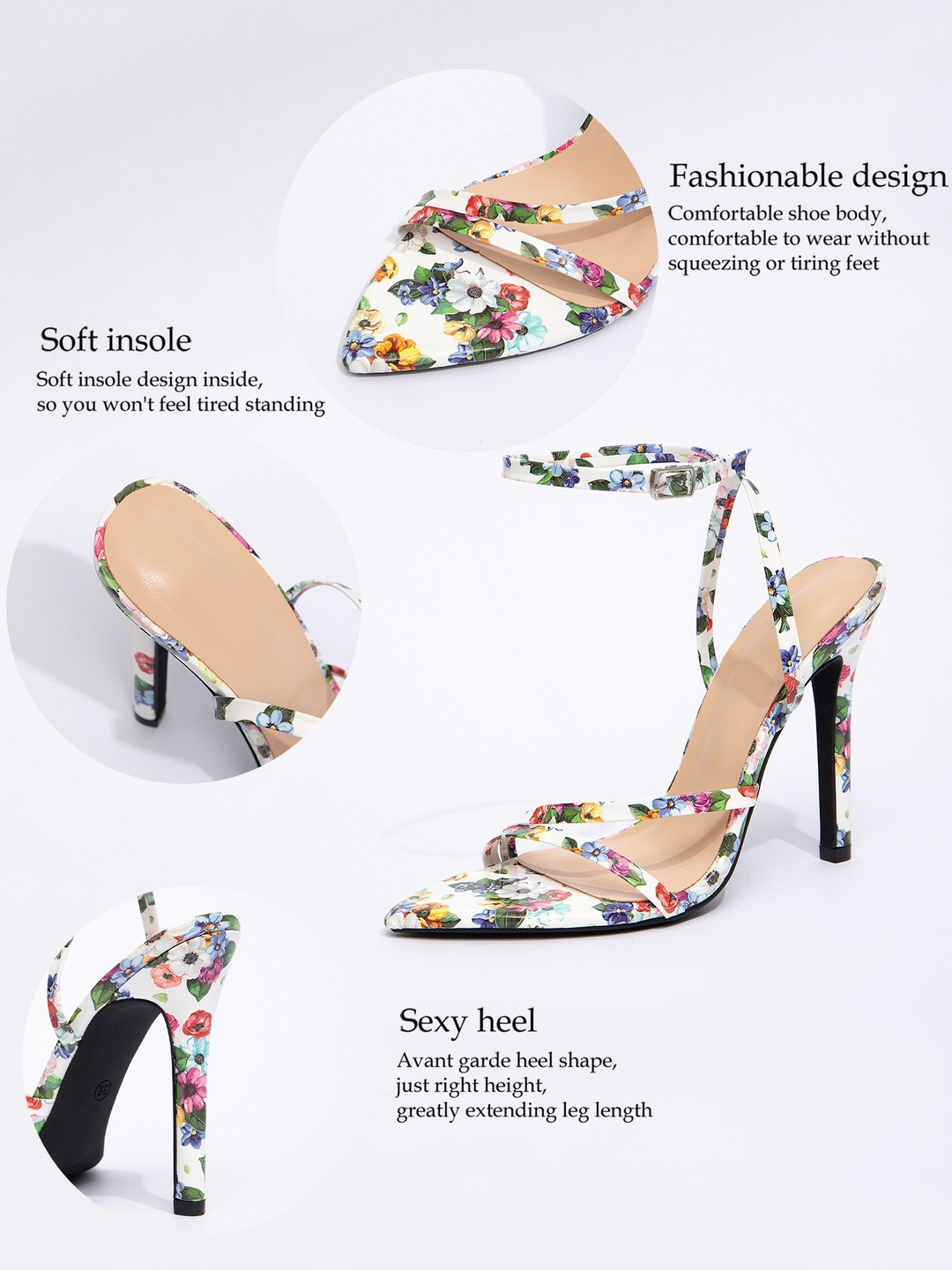 Floral Open Toe Stiletto Sandals with Ankle Strap