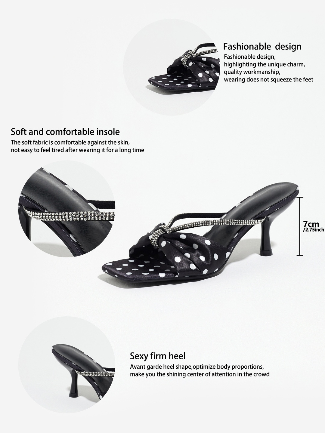 Black Polka Dot Mid-Heel Sandals with Rhinestone Bow