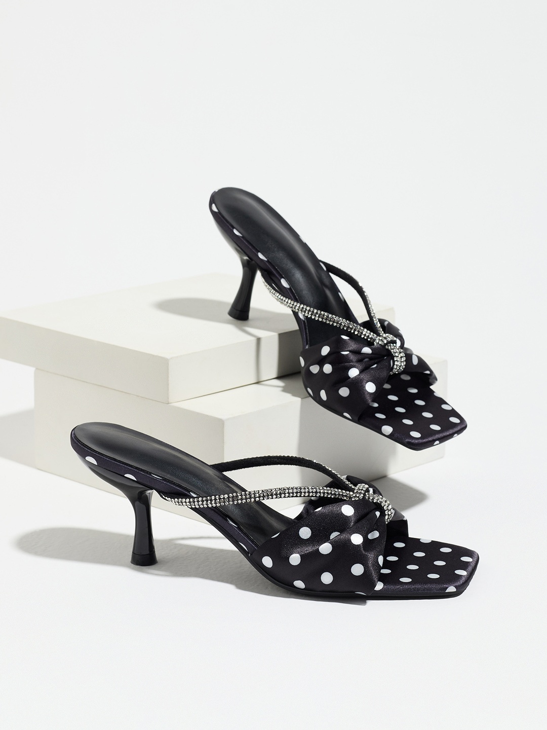 Black Polka Dot Mid-Heel Sandals with Rhinestone Bow