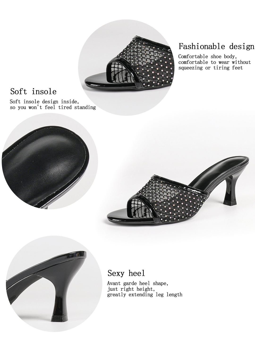 Black Mesh Rhinestone Heeled Mules