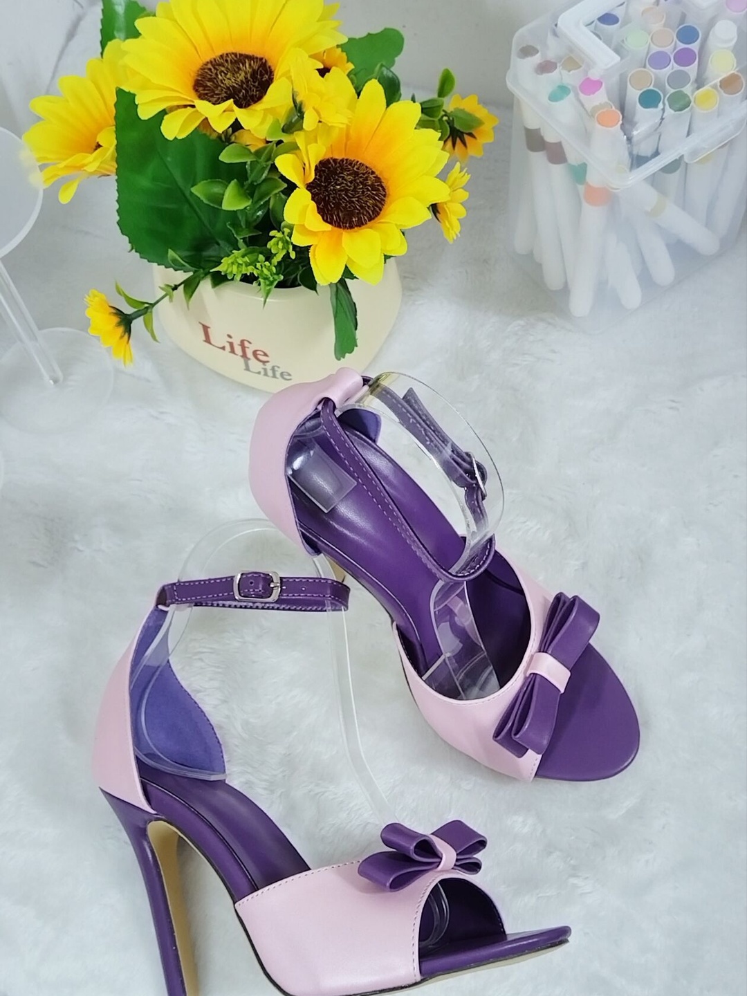 Purple and Pink Bow High Heel Ankle Strap Sandals