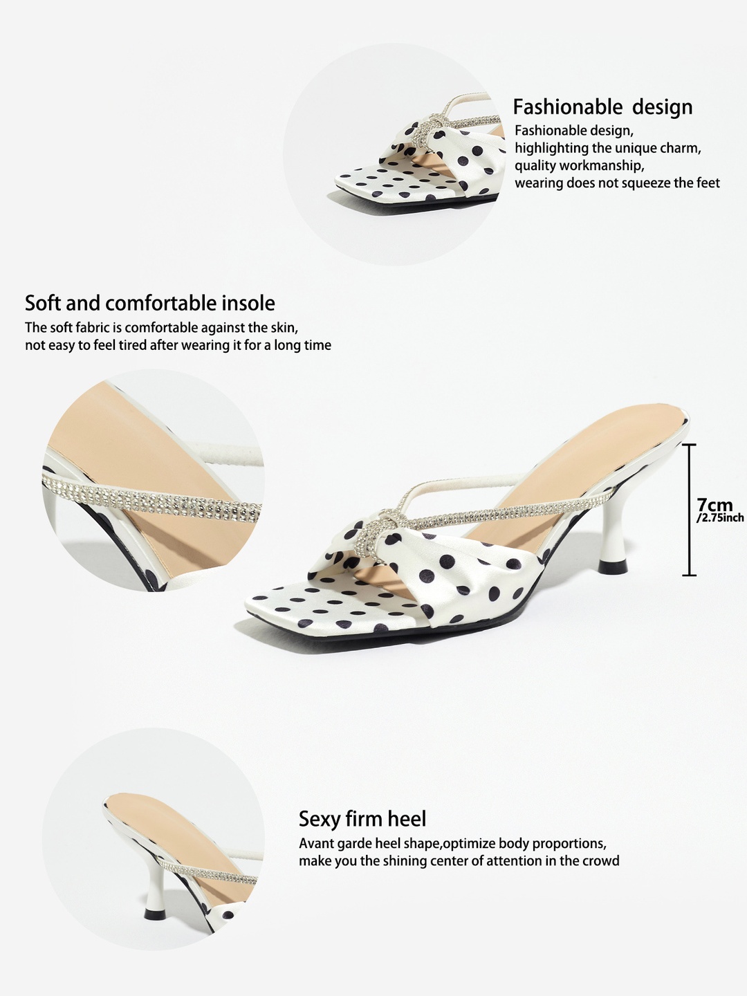 White Polka Dot Bow Mid Heel Sandals for Women