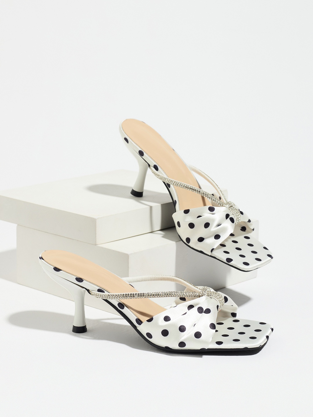 White Polka Dot Bow Mid Heel Sandals for Women