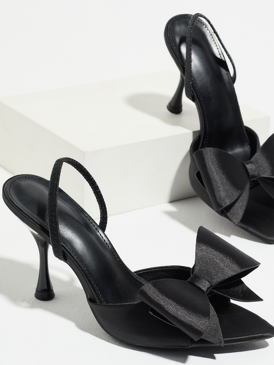 Black Satin Bow Mid-Heel Slingback Sandals