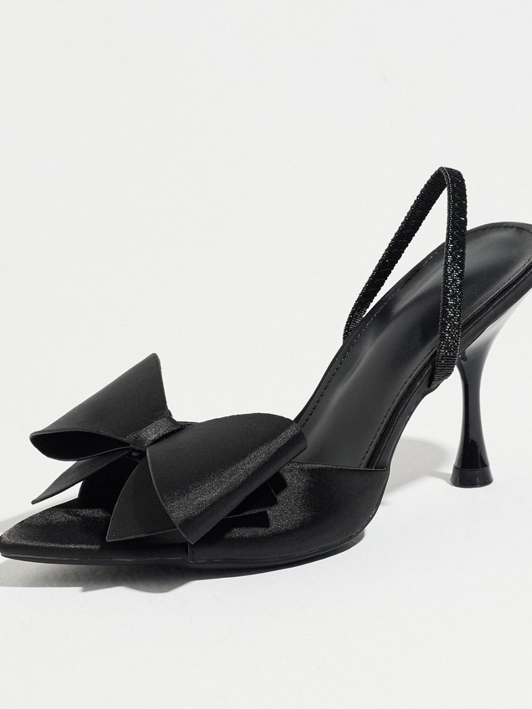 Black Satin Bow Mid-Heel Slingback Sandals