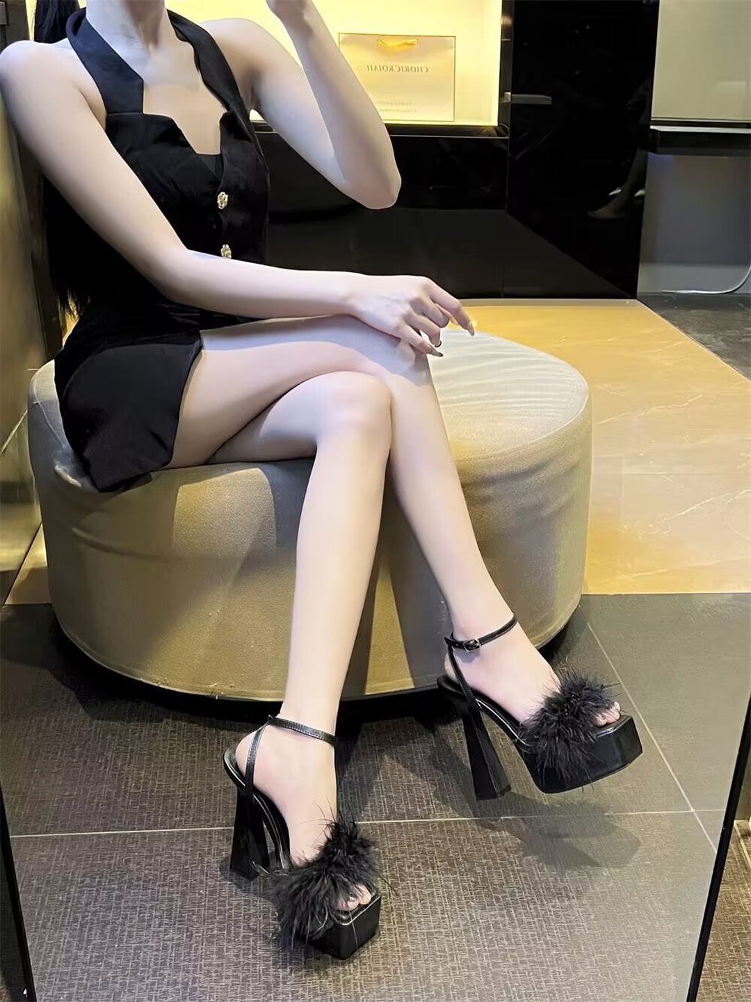 Womens Black Feathered Platform High Heel Sandals