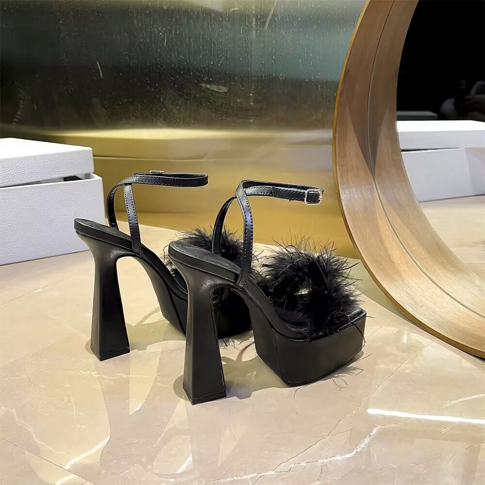 Womens Black Feathered Platform High Heel Sandals