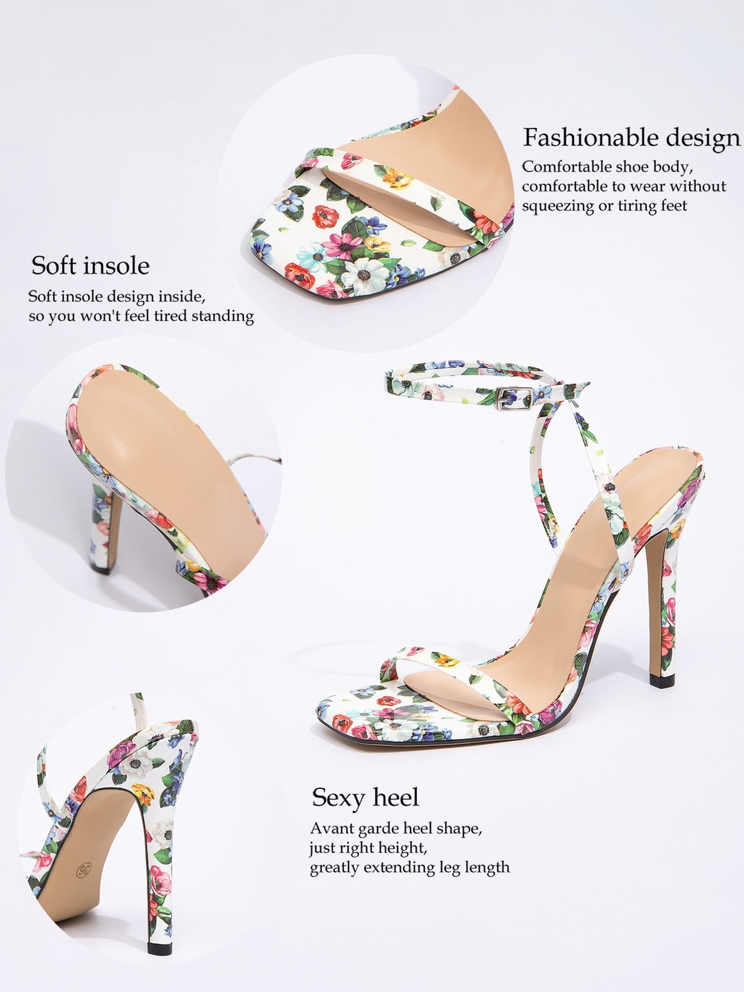 Floral High Heel Sandals with Ankle Strap