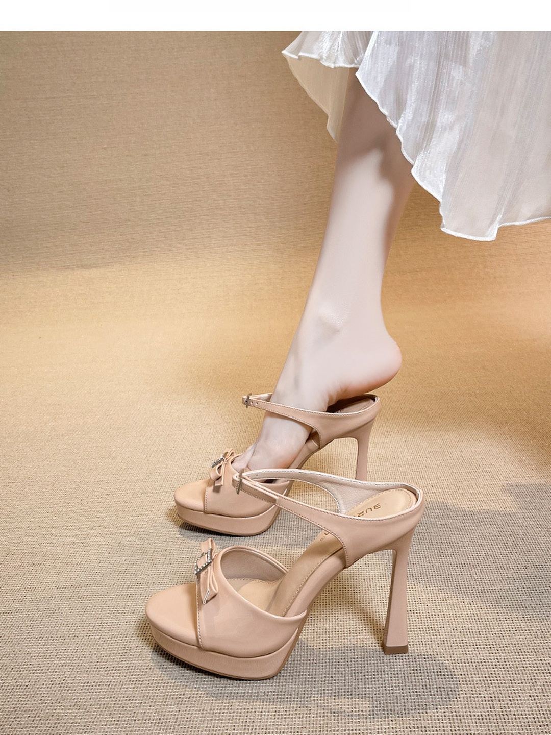 Beige Platform High Heel Sandals with Bow Detail