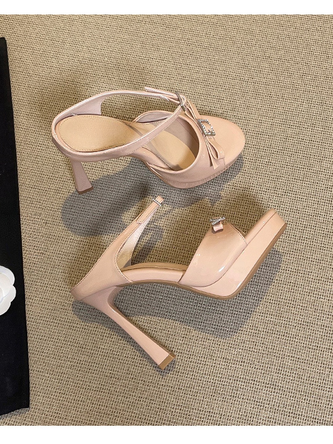 Beige Platform High Heel Sandals with Bow Detail