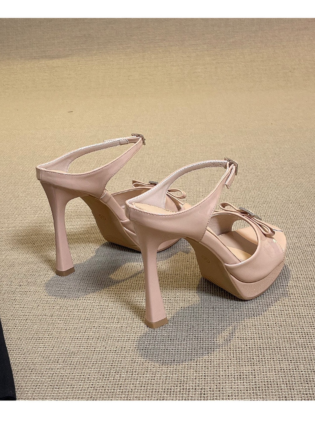 Beige Platform High Heel Sandals with Bow Detail