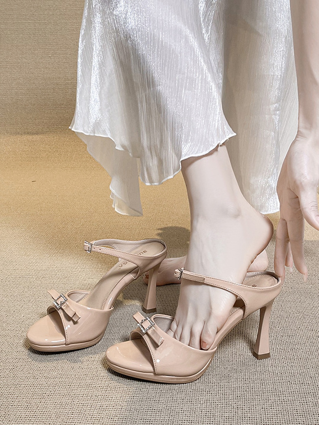 Beige High Heel Sandals with Ankle Strap