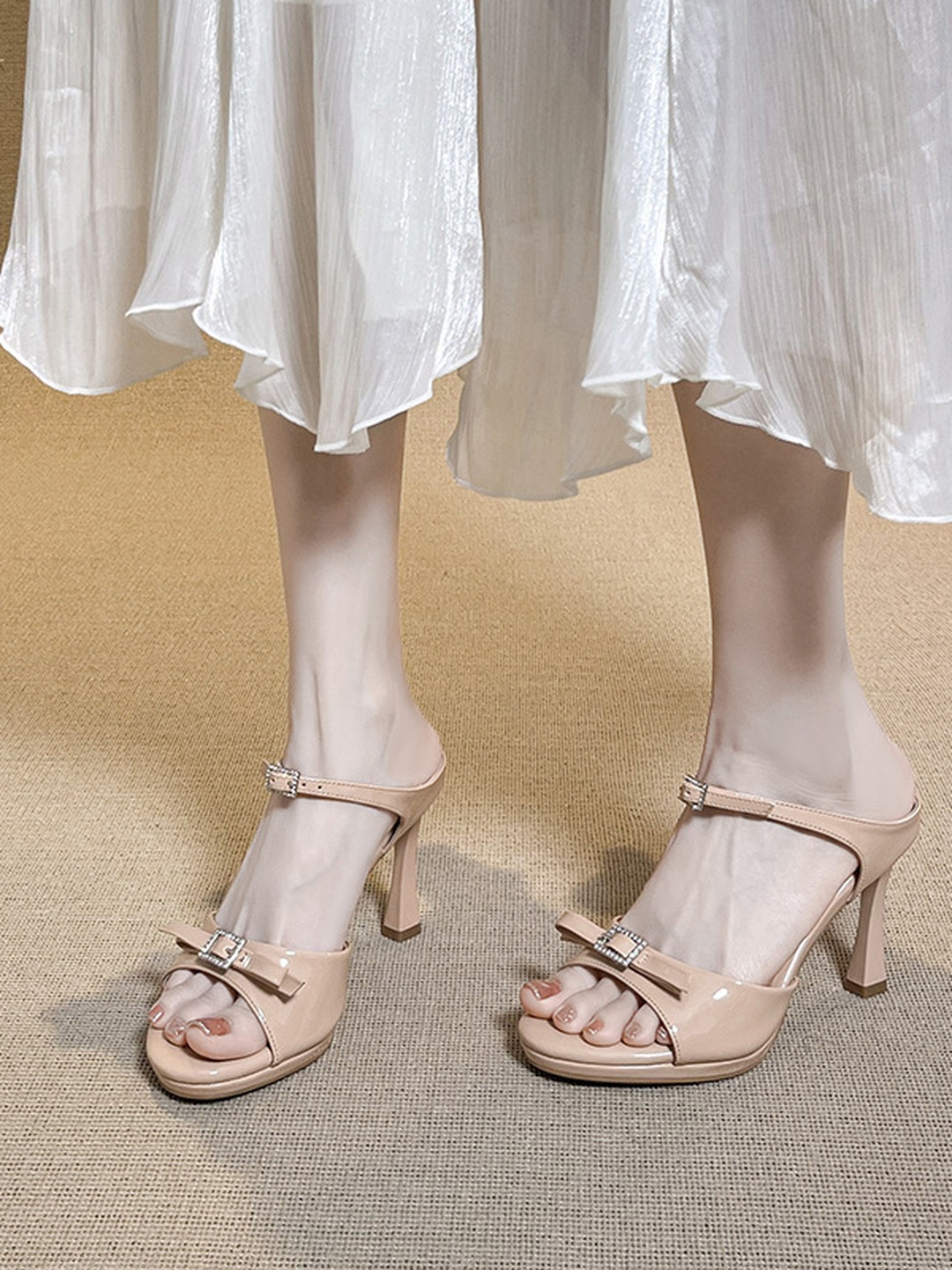 Beige High Heel Sandals with Ankle Strap
