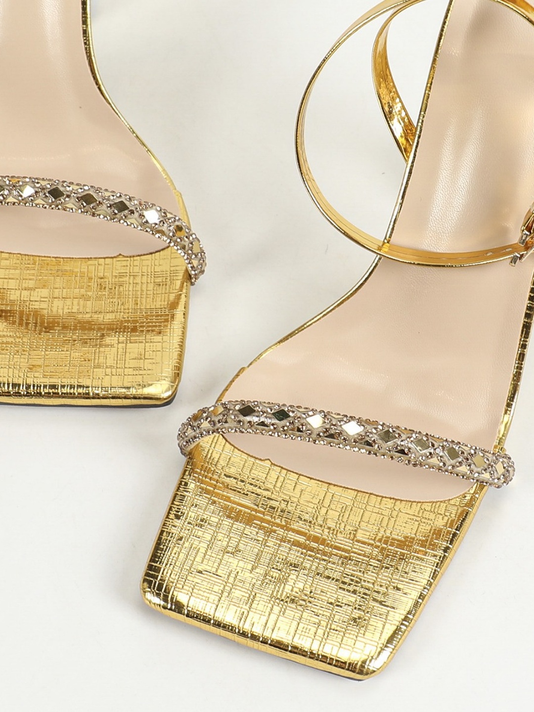 Golden Glamour Mid-Heel Sandals with Rhinestone Straps