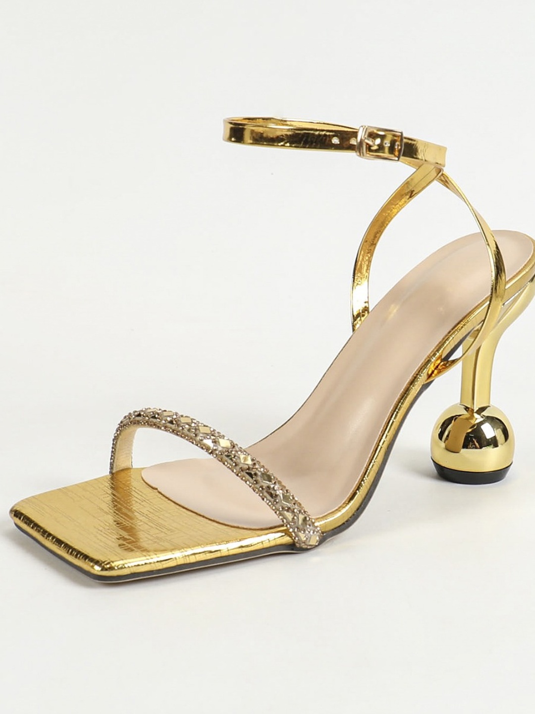 Golden Glamour Mid-Heel Sandals with Rhinestone Straps
