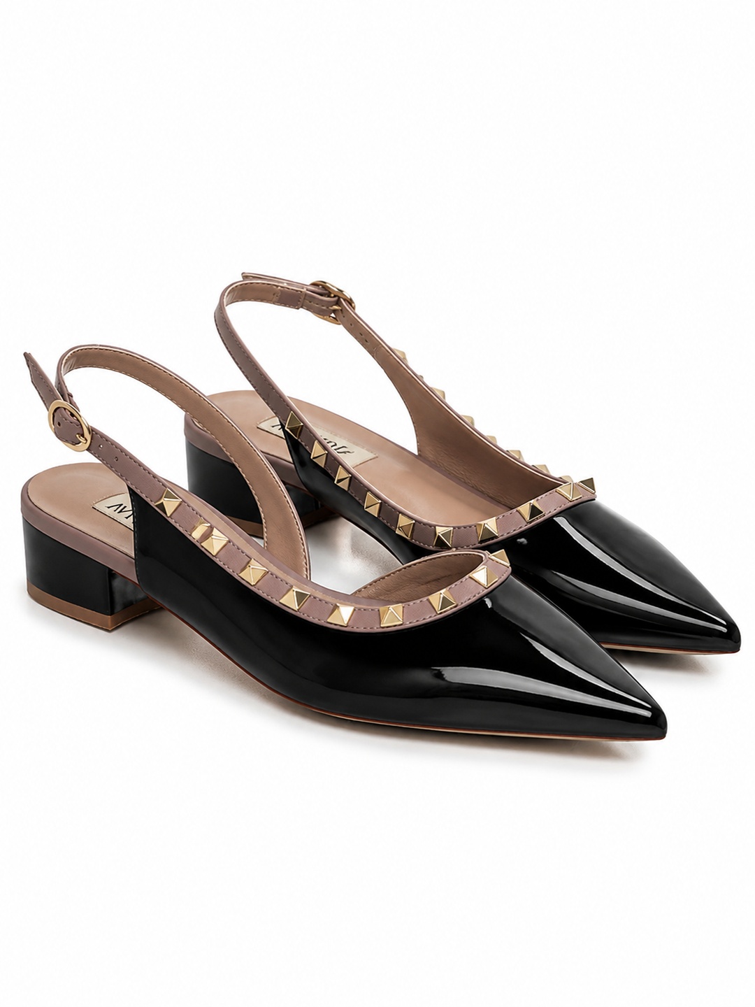 Womens Black Patent Low-Heel Slingback Pumps with Gold Studs