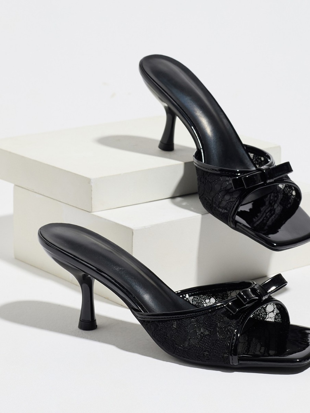 Black Lace Bow High Heel Mules