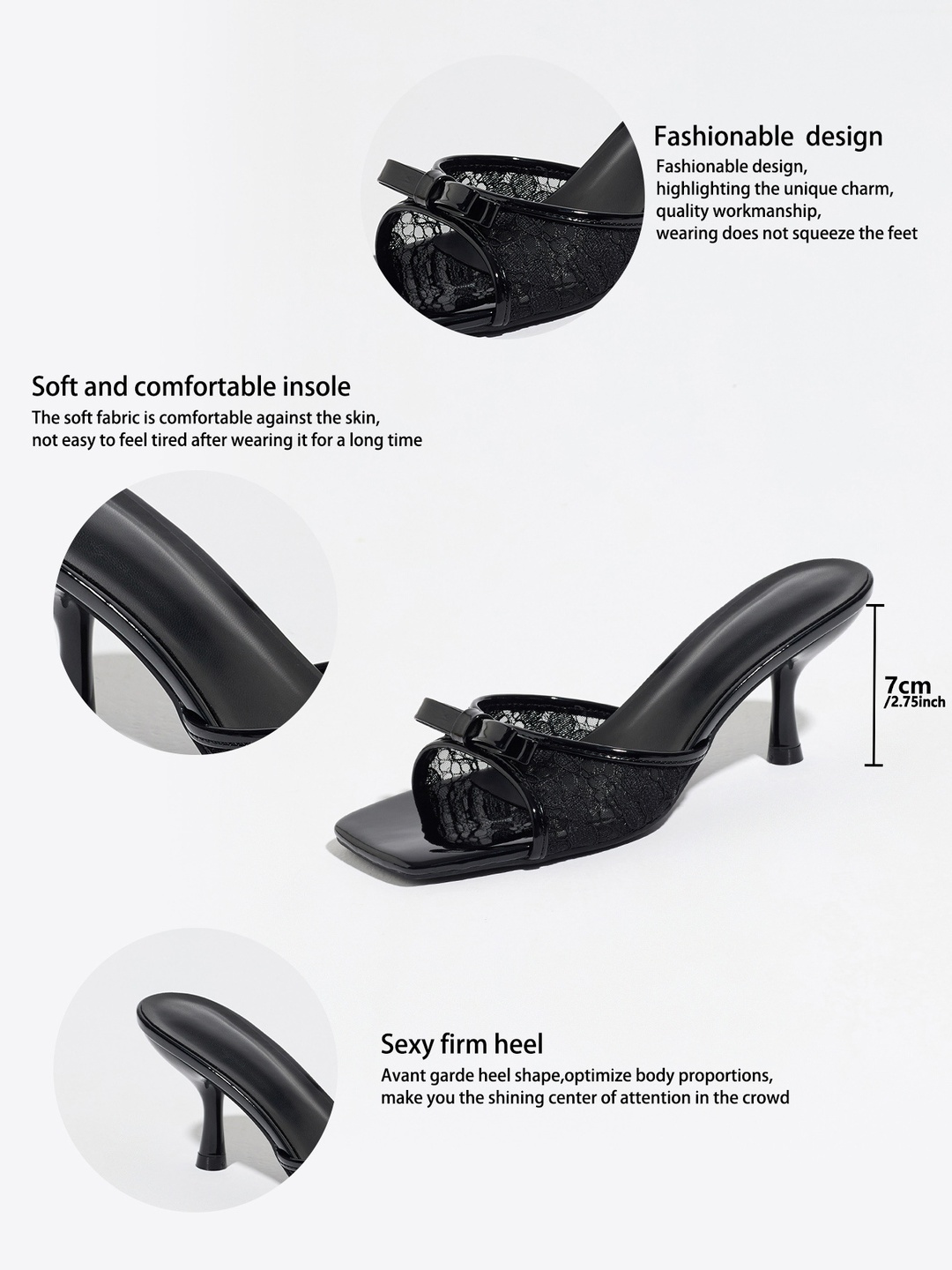 Black Lace Bow High Heel Mules