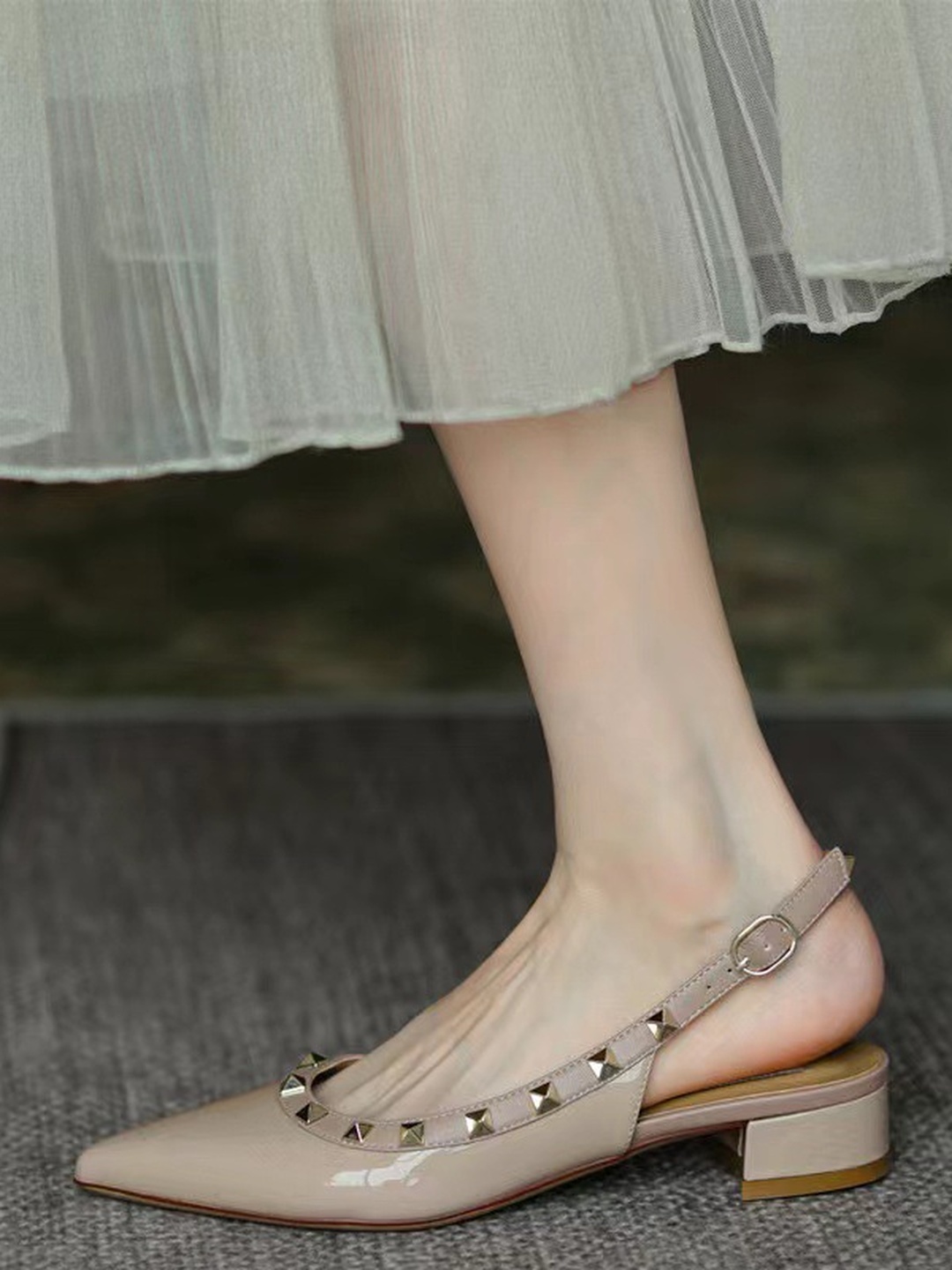 Nude Low Heel Slingback Pumps with Stud Embellishments
