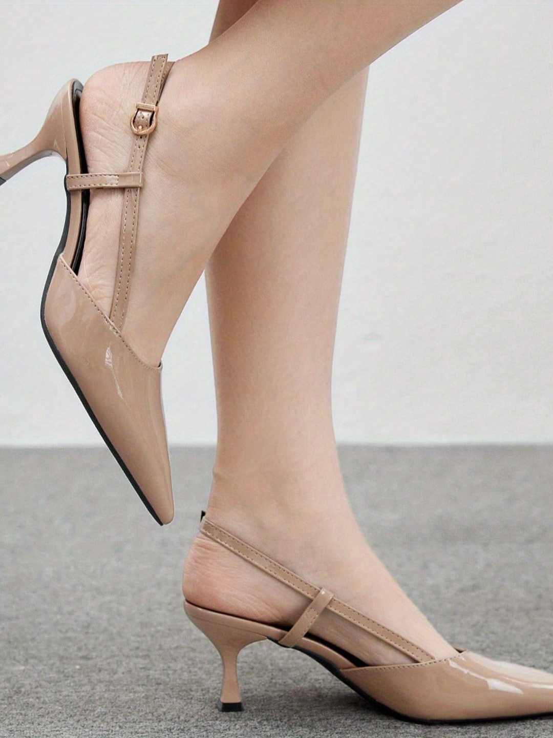 Beige Pointed-Toe Slingback Mid Heel Pumps