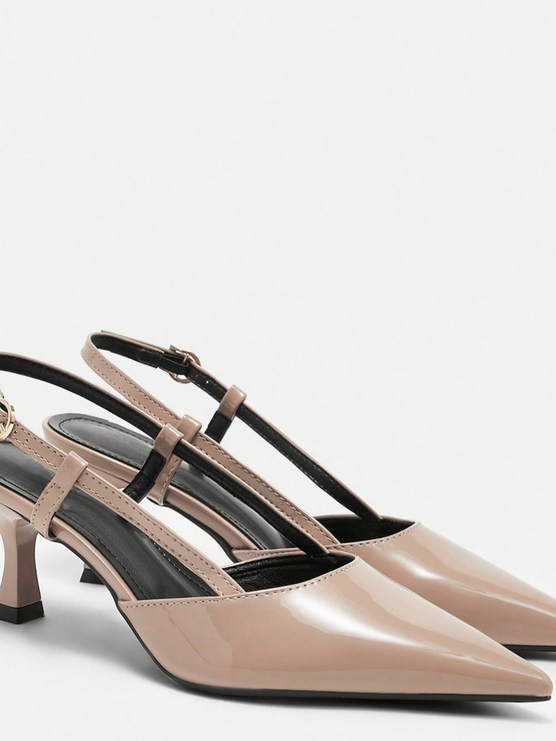 Beige Pointed-Toe Slingback Mid Heel Pumps