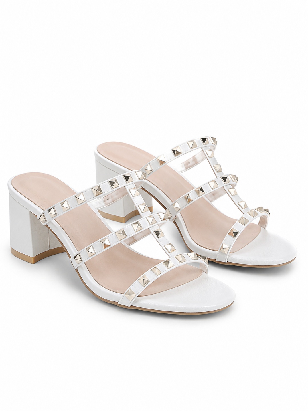White Studded Mid-Heel Sandals with Clear Straps