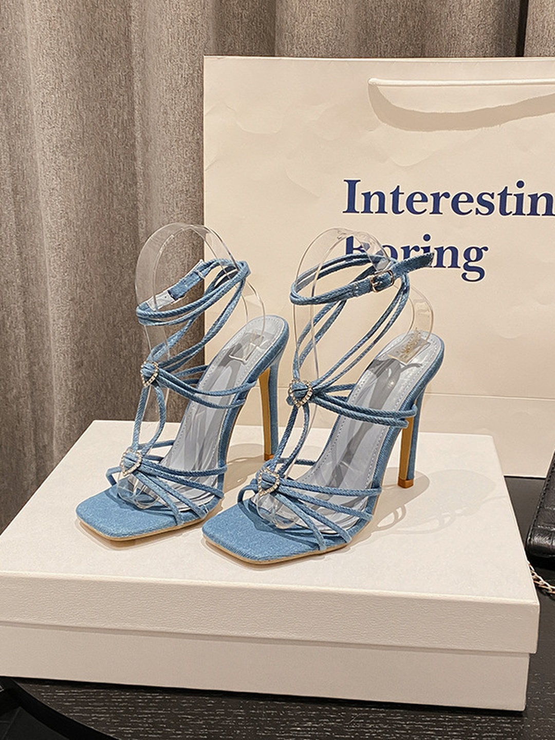Blue Strappy High Heel Sandals with Square Toe