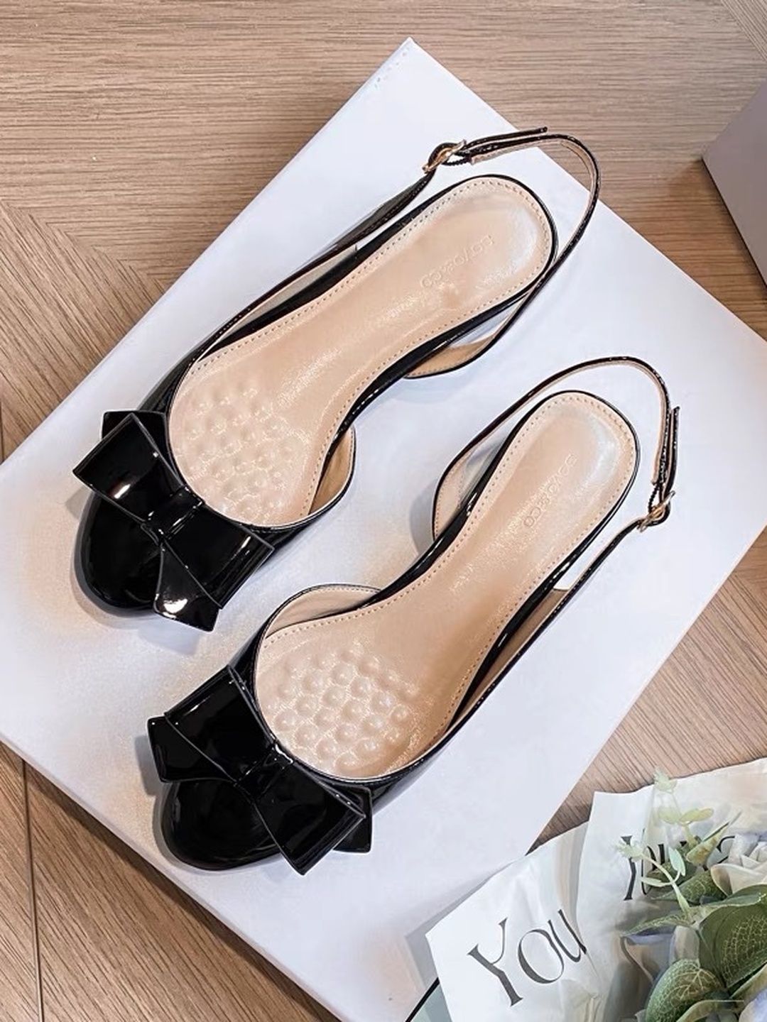 Black Patent Low Heel Bow Slingback Sandals