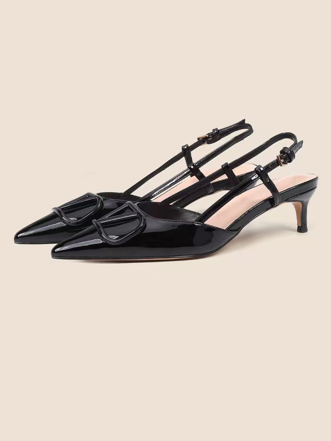 Black Patent Pointed-Toe Kitten Heel Slingbacks