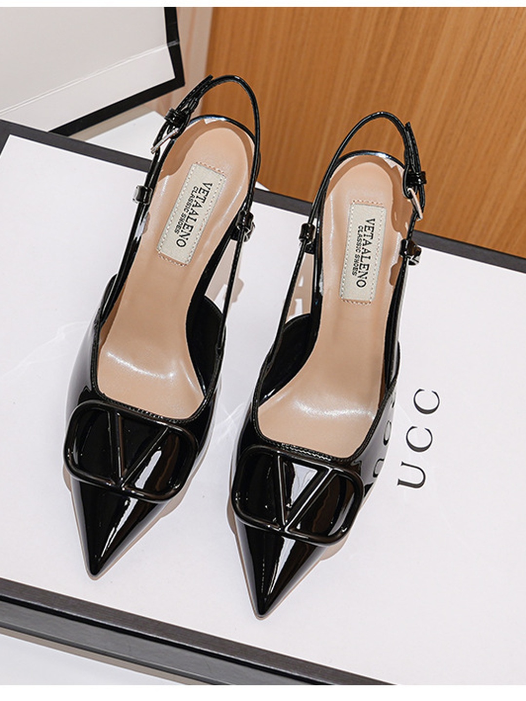 Black Patent Pointed-Toe Kitten Heel Slingbacks