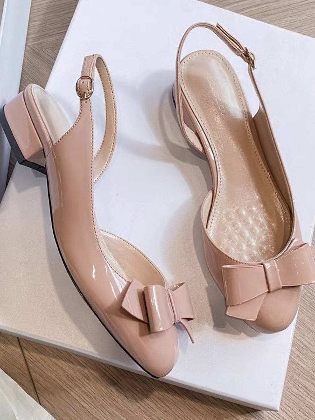 Grey Patent Low Heel Slingback Pumps
