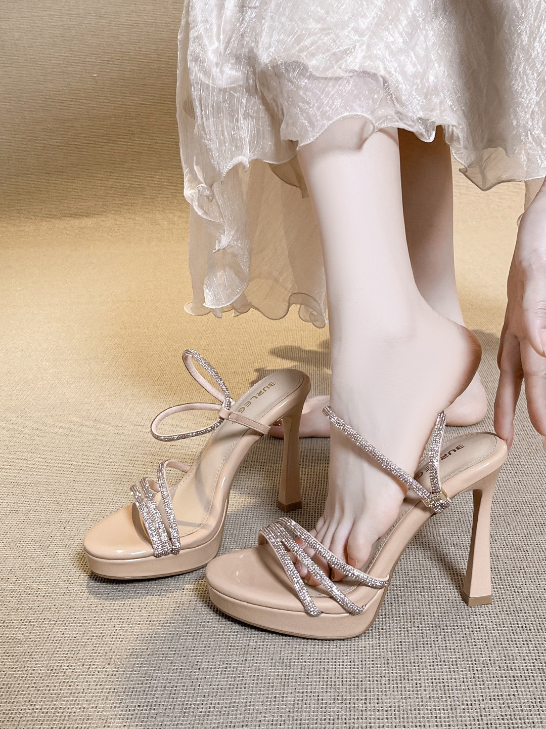 Grey Rhinestone Platform High Heel Sandals