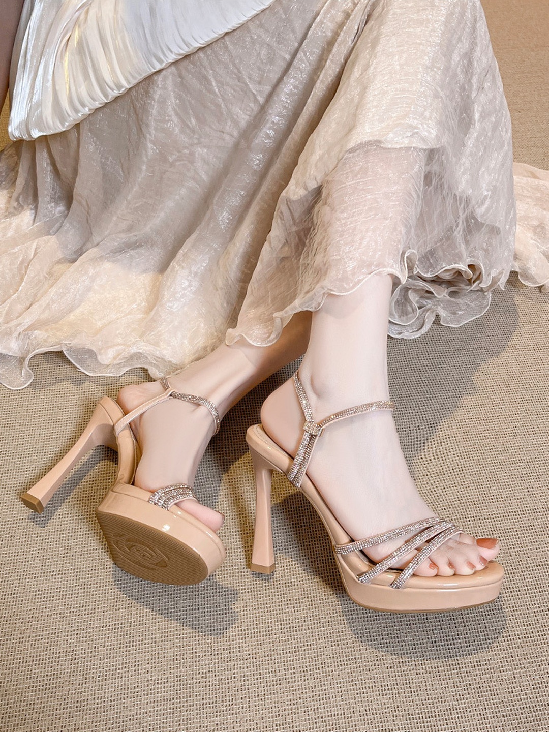 Grey Rhinestone Platform High Heel Sandals