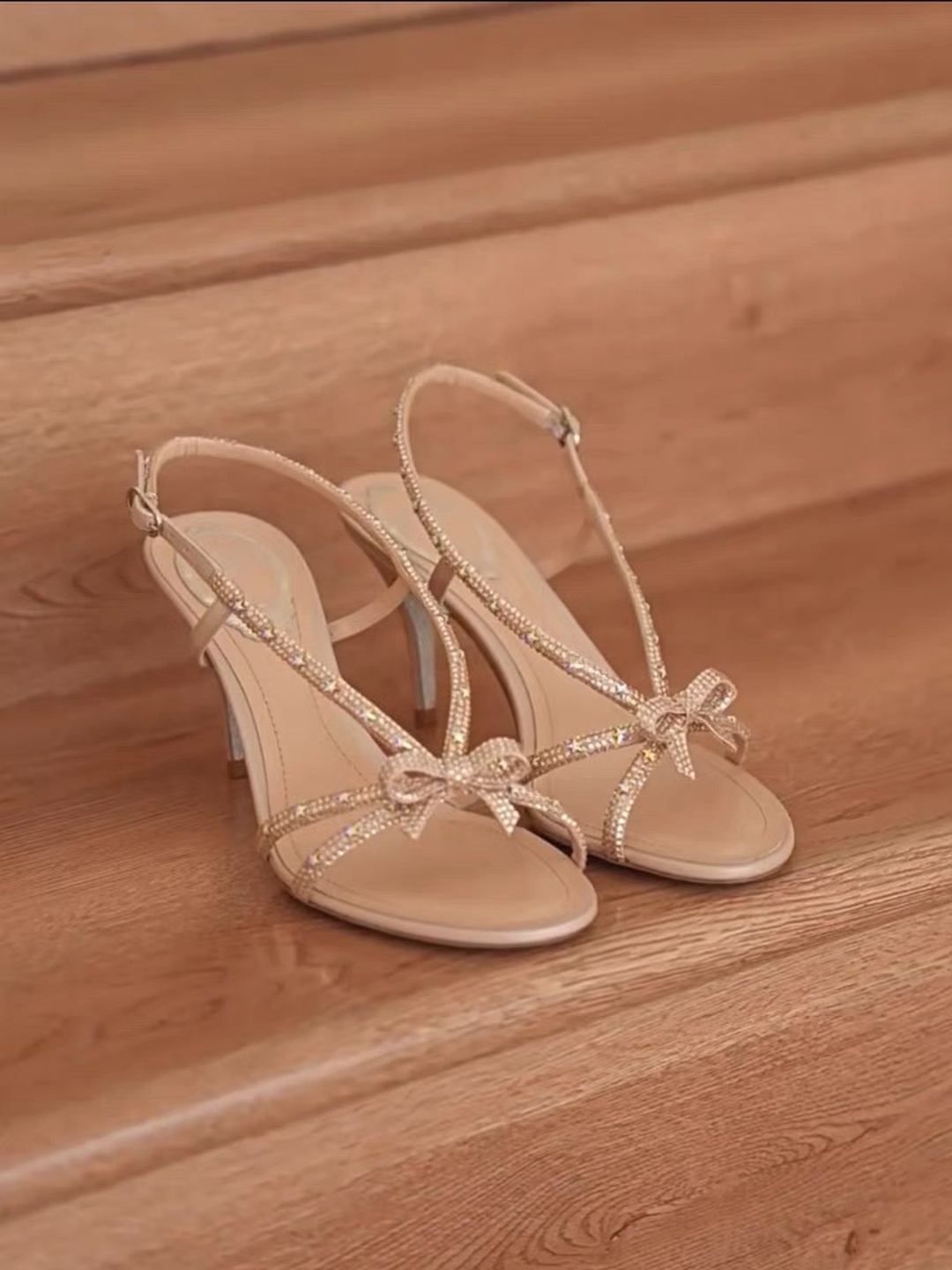 Beige Rhinestone Bow High-Heel Slingback Sandals