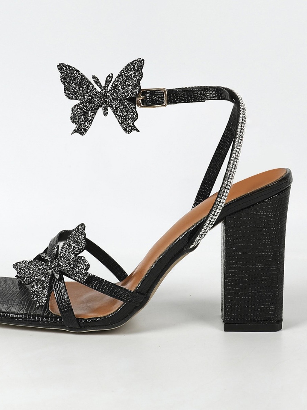 Sparkling Black Butterfly Block Heel Sandals for Women