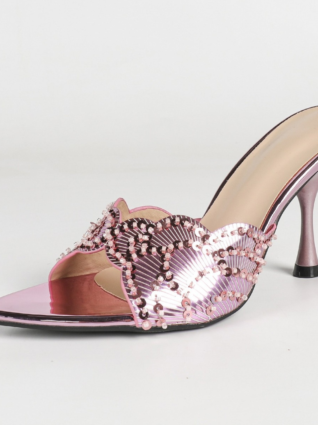 Pink Embellished Open-Toe Mule Heels