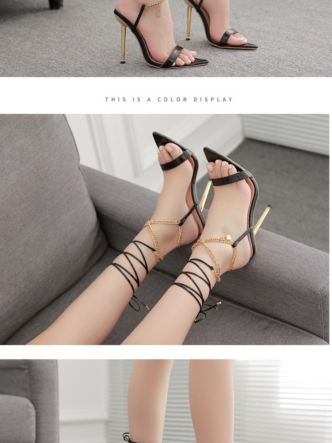 Black Stiletto Sandals with Gold Chain Ankle Wrap