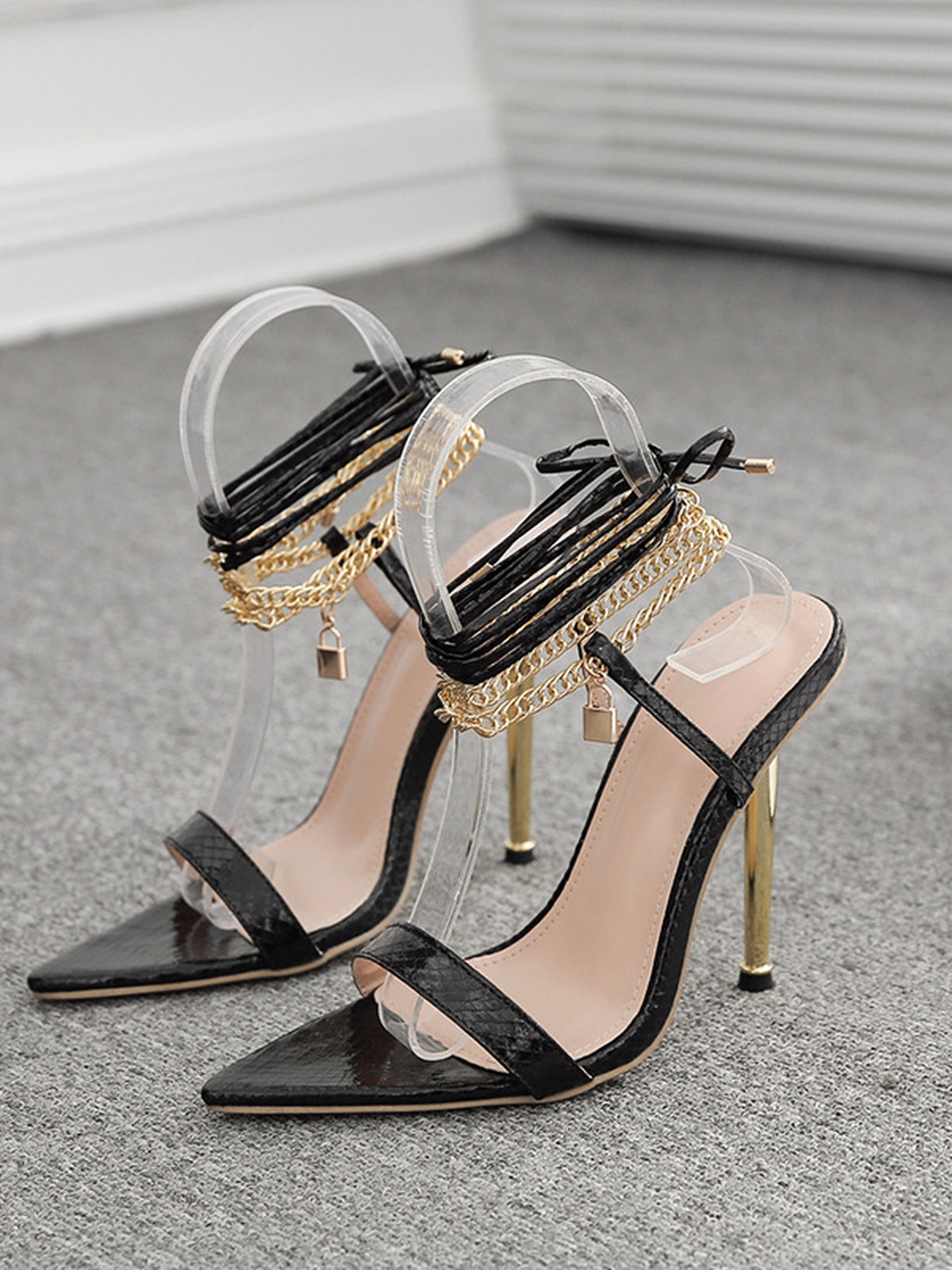 Black Stiletto Sandals with Gold Chain Ankle Wrap