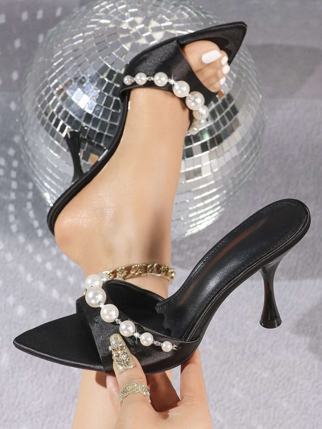 Black Pearl-Embellished High Heel Mules