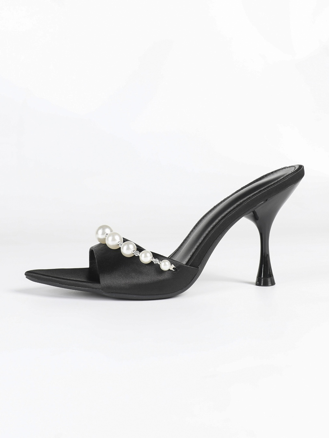 Black Pearl-Embellished High Heel Mules