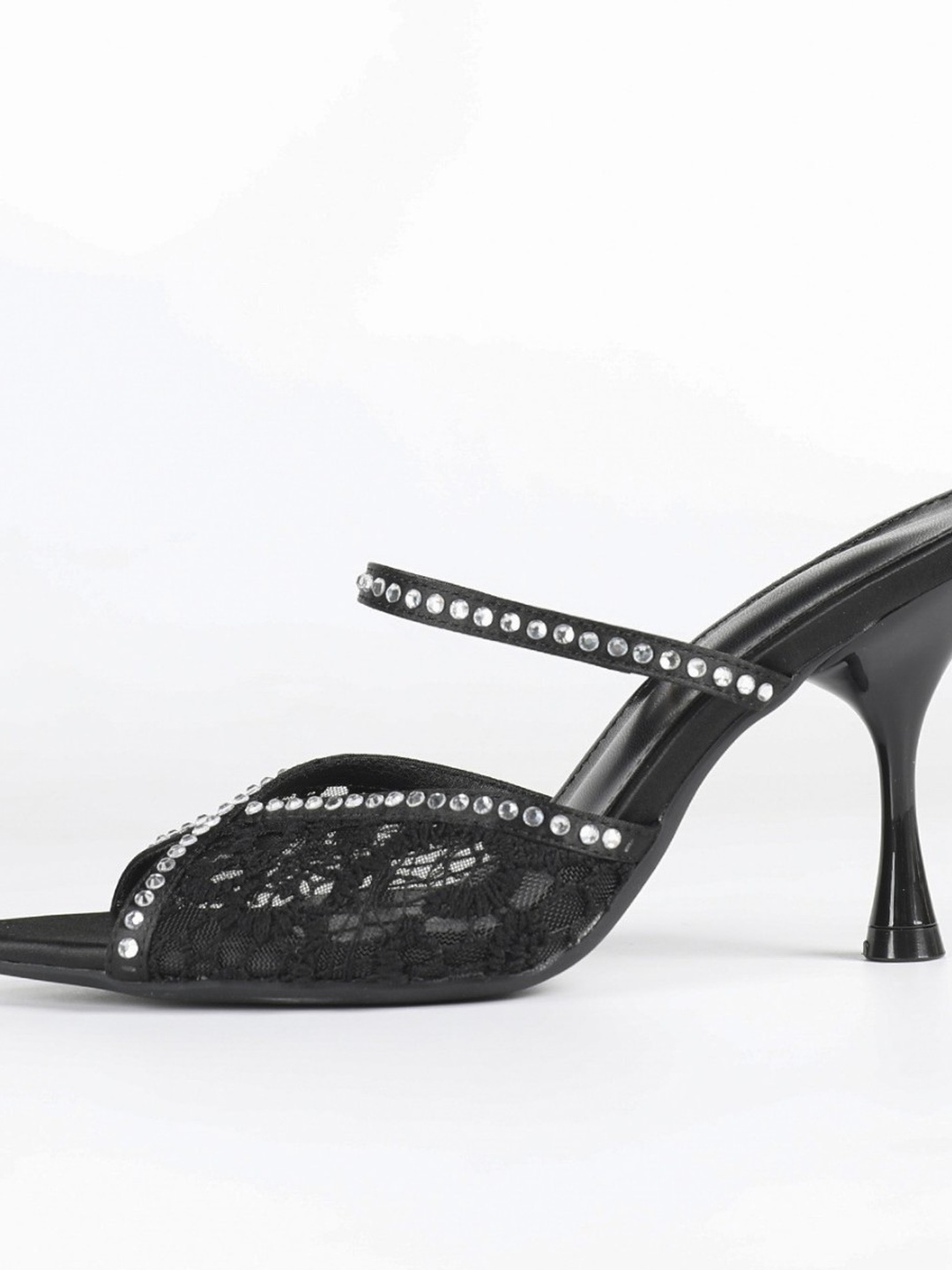 Black Lace and Rhinestone Open-Toe Mules with Mid Heels