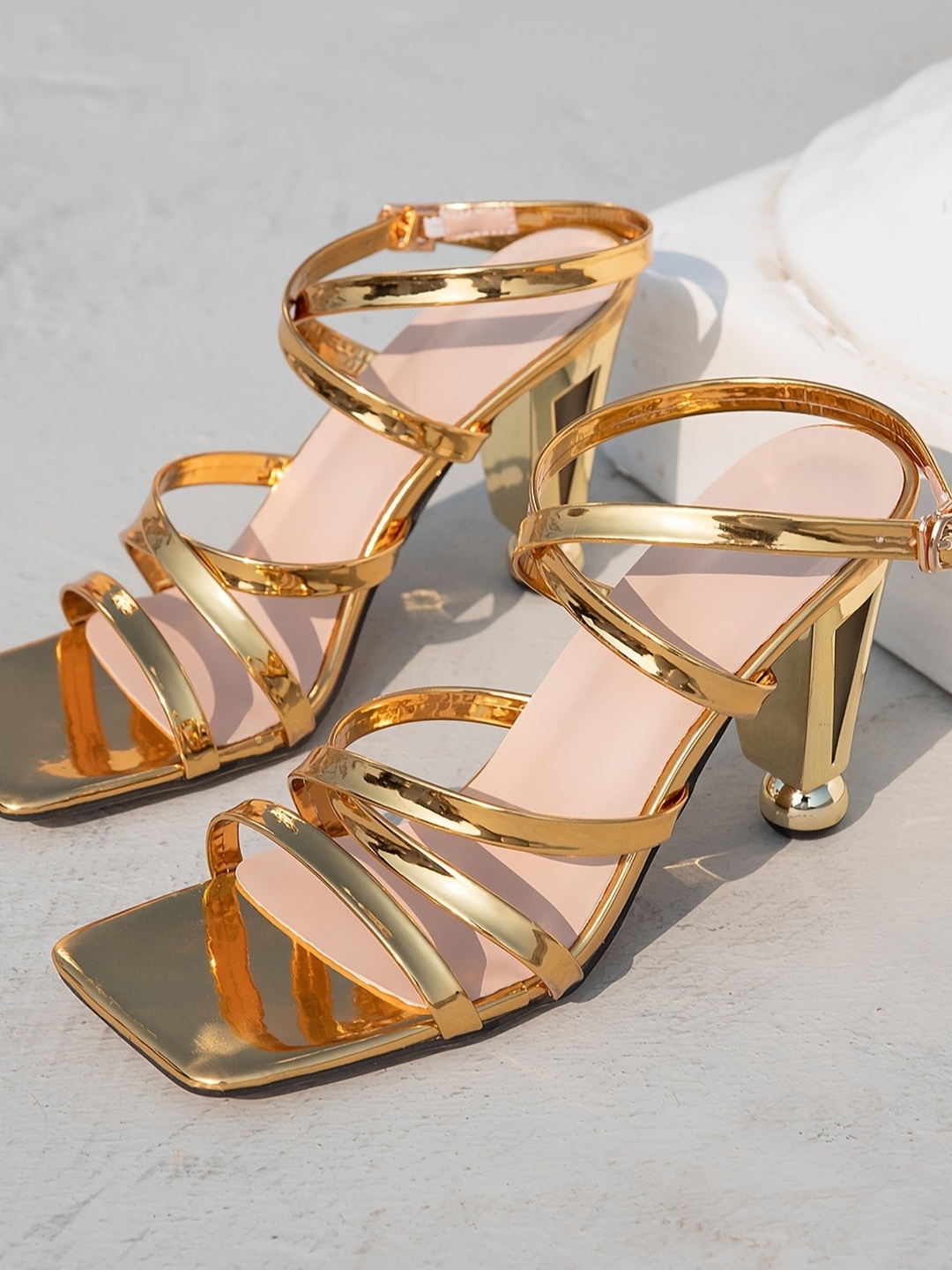 Gold Strappy Block Heel Sandals for Women