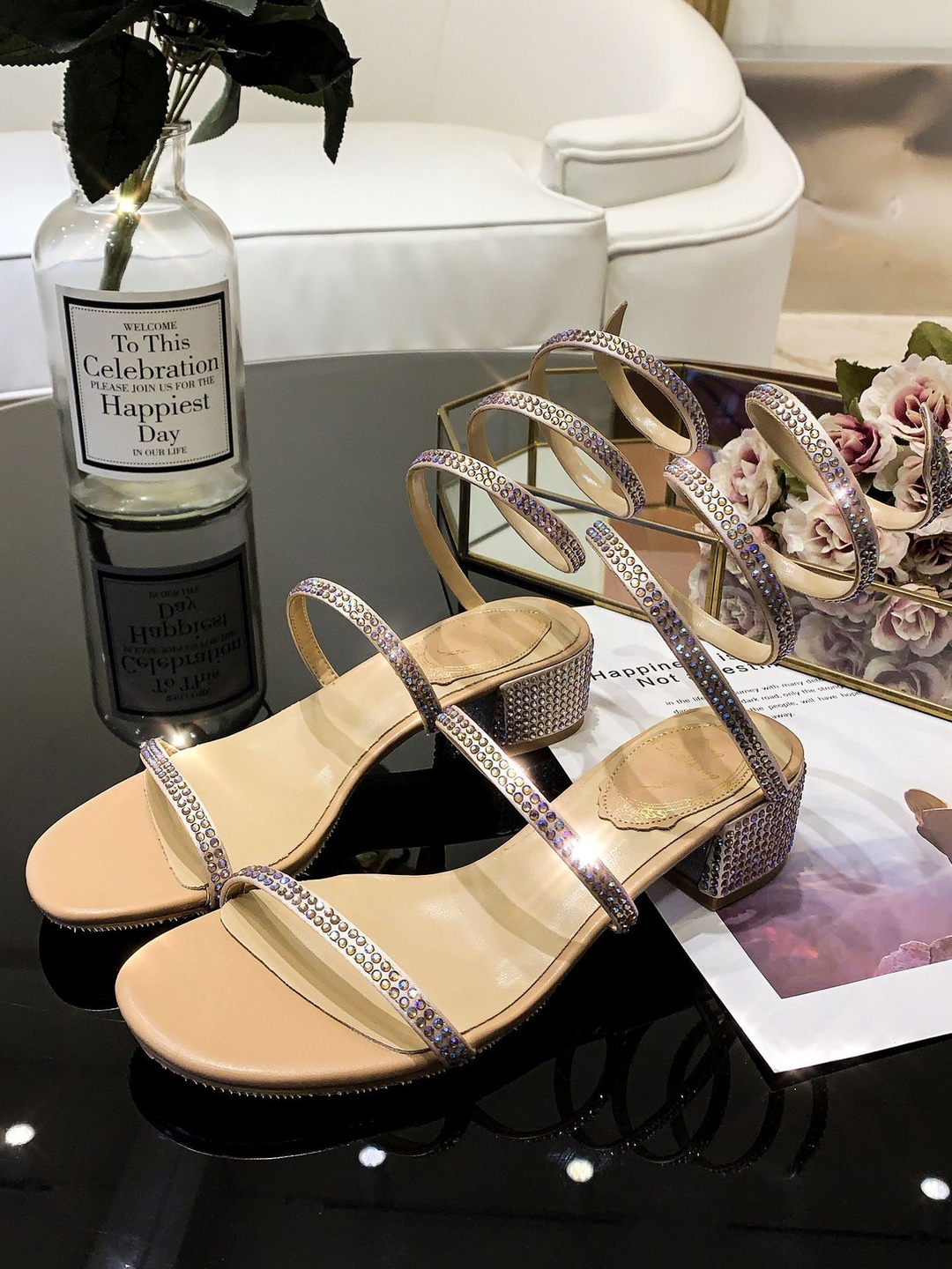 Nude Embellished Low Heel Sandals